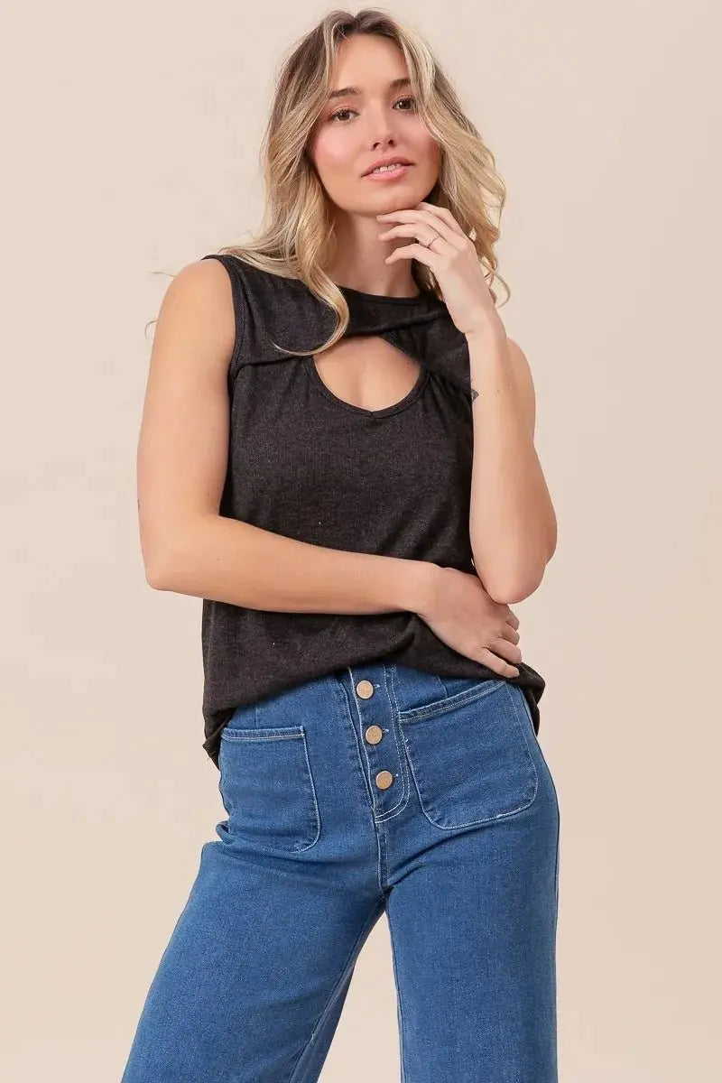 BiBi Baby Rib Knit Front Cut Out Detailed Sleeveless Top - Love Salve